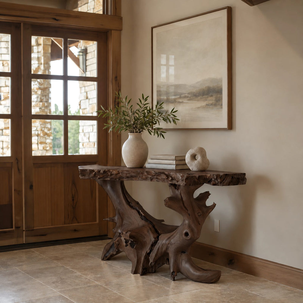 Sculptural Natural Root Console Table With Live Edge Top For Entryway