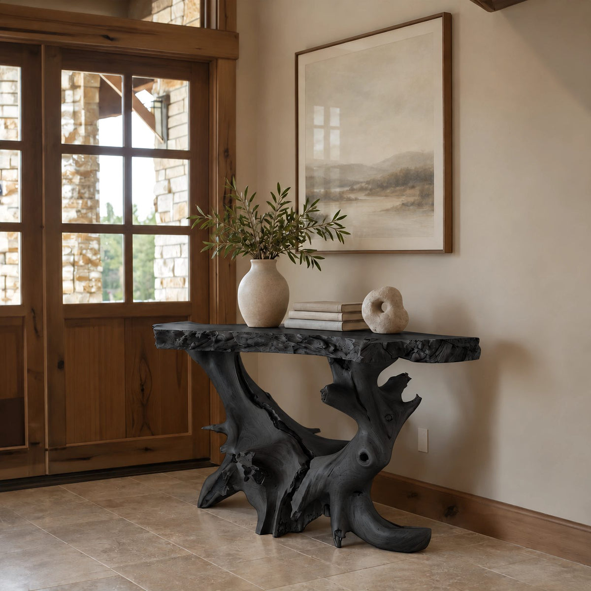 Sculptural Natural Root Console Table With Live Edge Top For Entryway