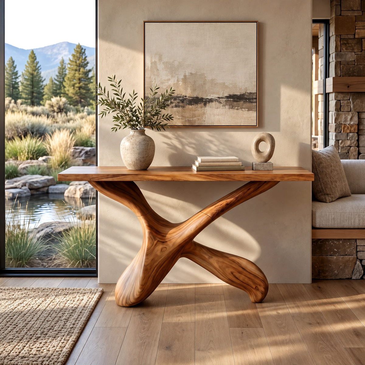 Handcrafted Sculptural X Base Console Table For Entryway And Living Room