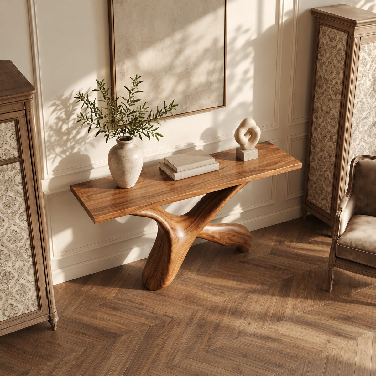 Handcrafted Sculptural X Base Console Table For Entryway And Living Room