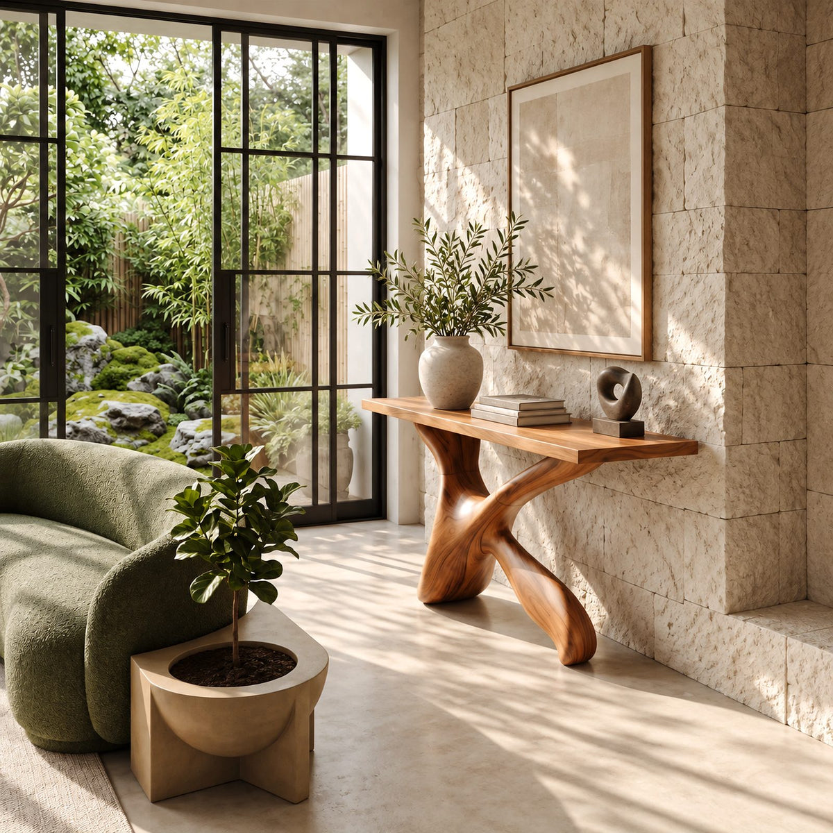 Handcrafted Sculptural X Base Console Table For Entryway And Living Room