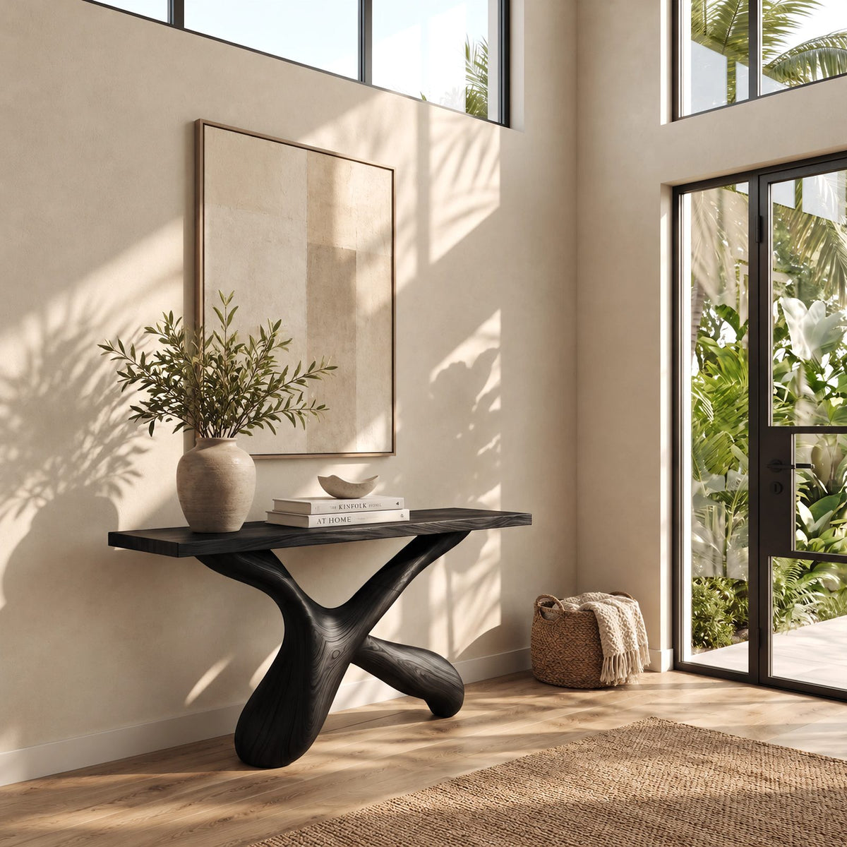 Handcrafted Sculptural X Base Console Table For Entryway And Living Room