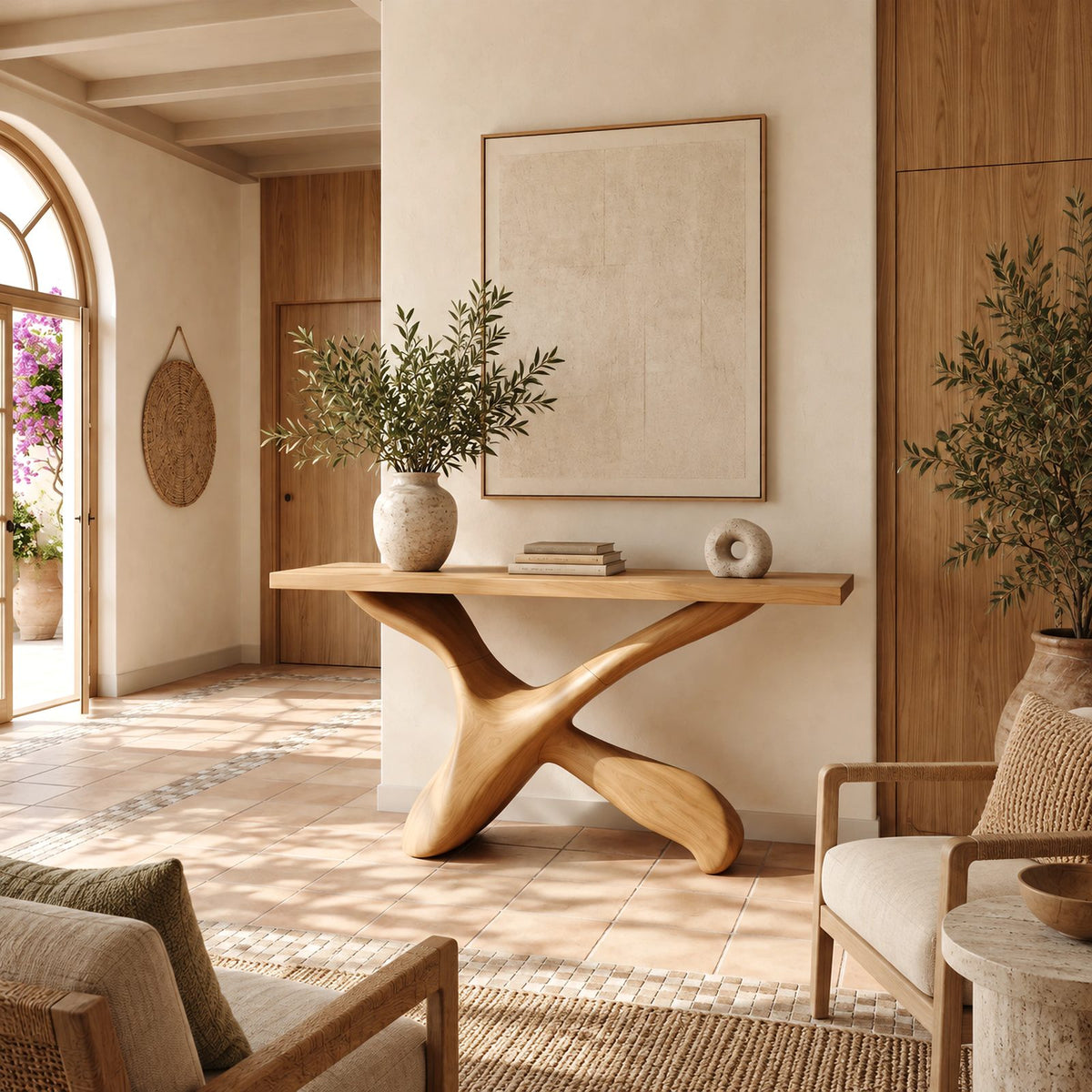 Handcrafted Sculptural X Base Console Table For Entryway And Living Room