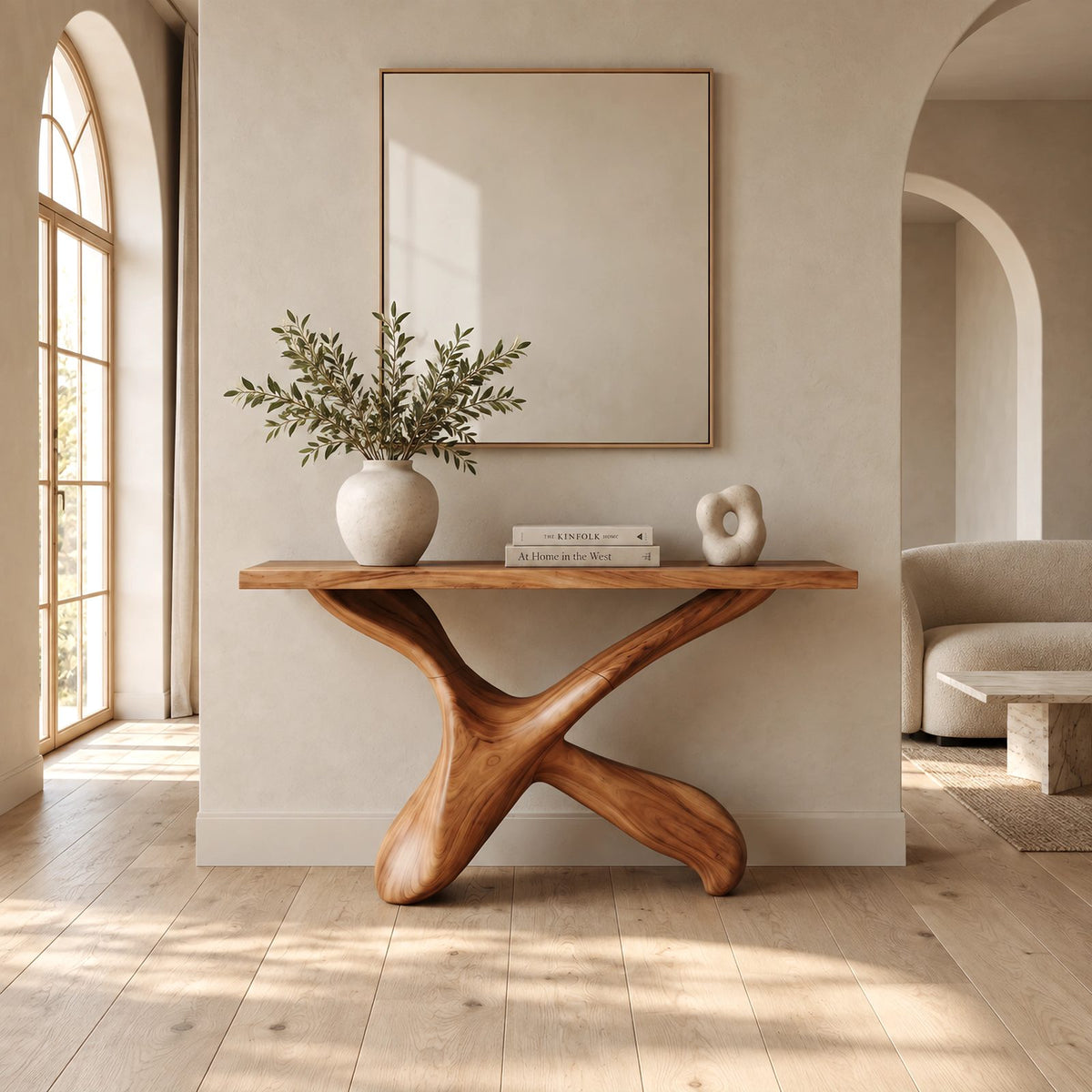 Handcrafted Sculptural X Base Console Table For Entryway And Living Room