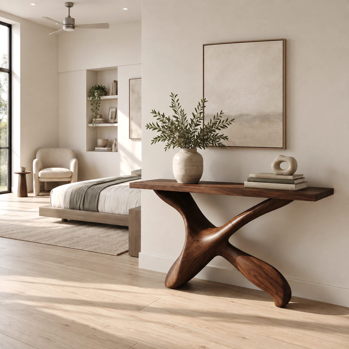 Handcrafted Sculptural X Base Console Table For Entryway And Living Room