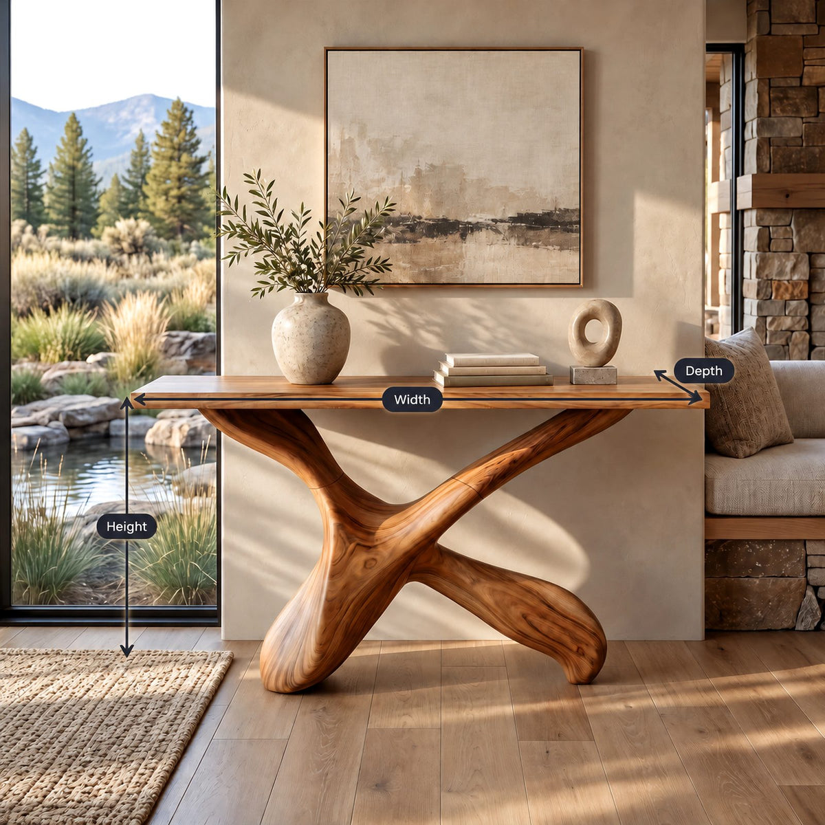Handcrafted Sculptural X Base Console Table For Entryway And Living Room