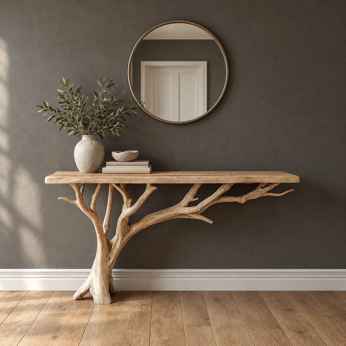 Coastal Driftwood Branch Console Table With Plank Top For Entryway