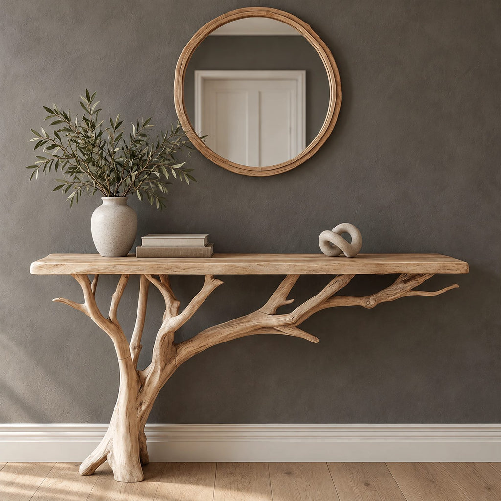 Coastal Driftwood Branch Console Table With Plank Top For Entryway