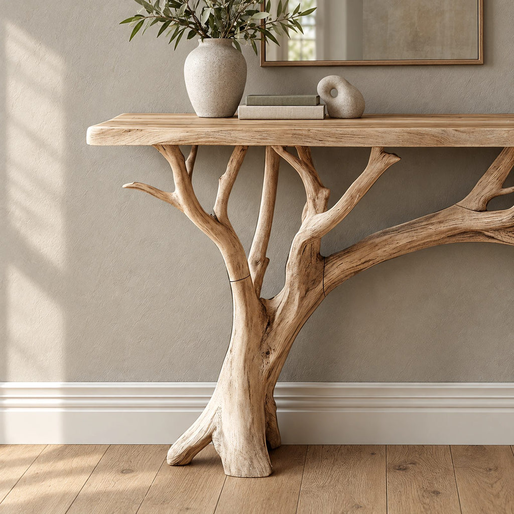 Coastal Driftwood Branch Console Table With Plank Top For Entryway