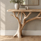 Coastal Driftwood Branch Console Table With Plank Top For Entryway