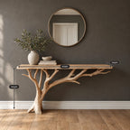 Coastal Driftwood Branch Console Table With Plank Top For Entryway