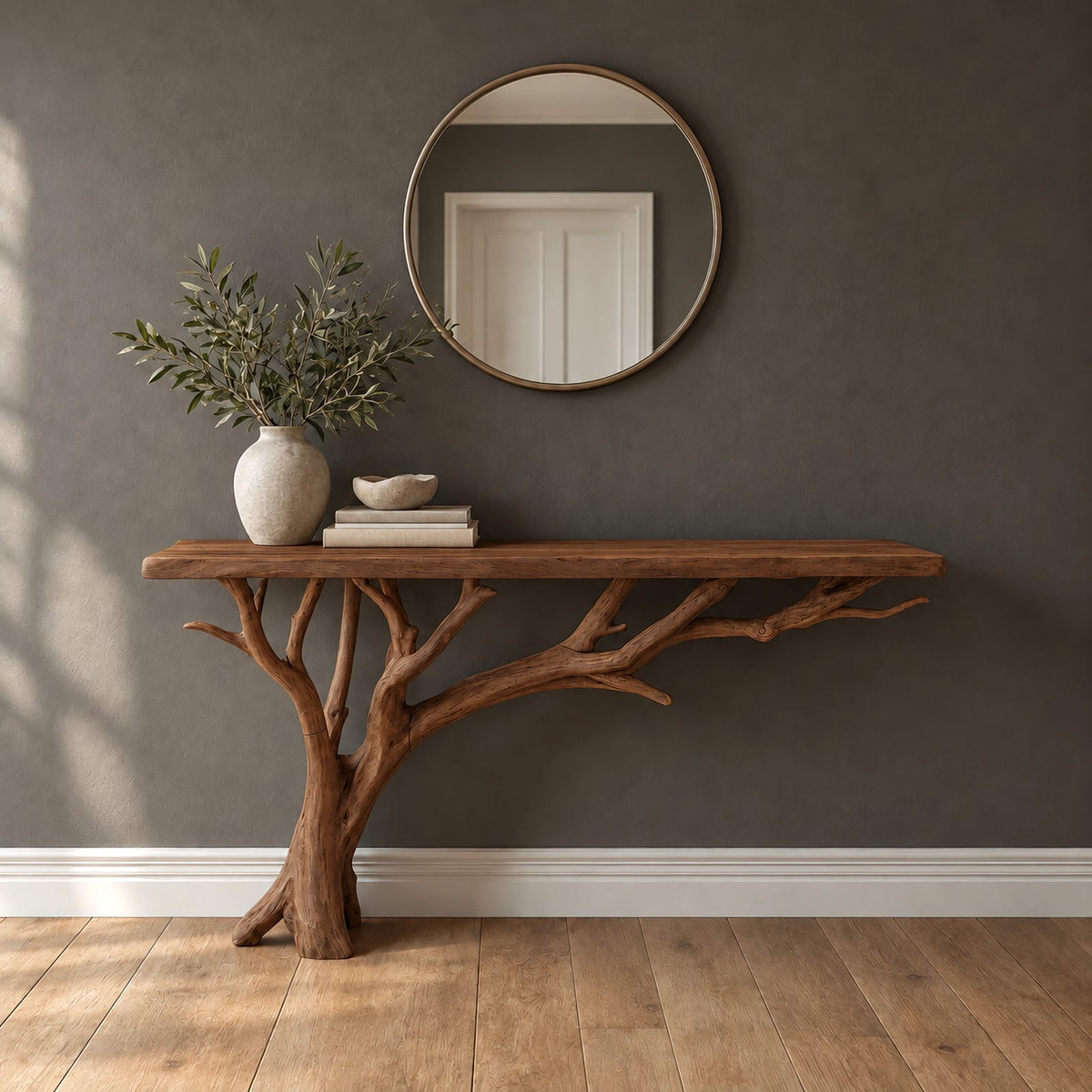 Coastal Driftwood Branch Console Table With Plank Top For Entryway