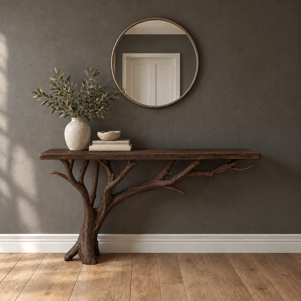 Coastal Driftwood Branch Console Table With Plank Top For Entryway