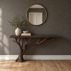 Coastal Driftwood Branch Console Table With Plank Top For Entryway