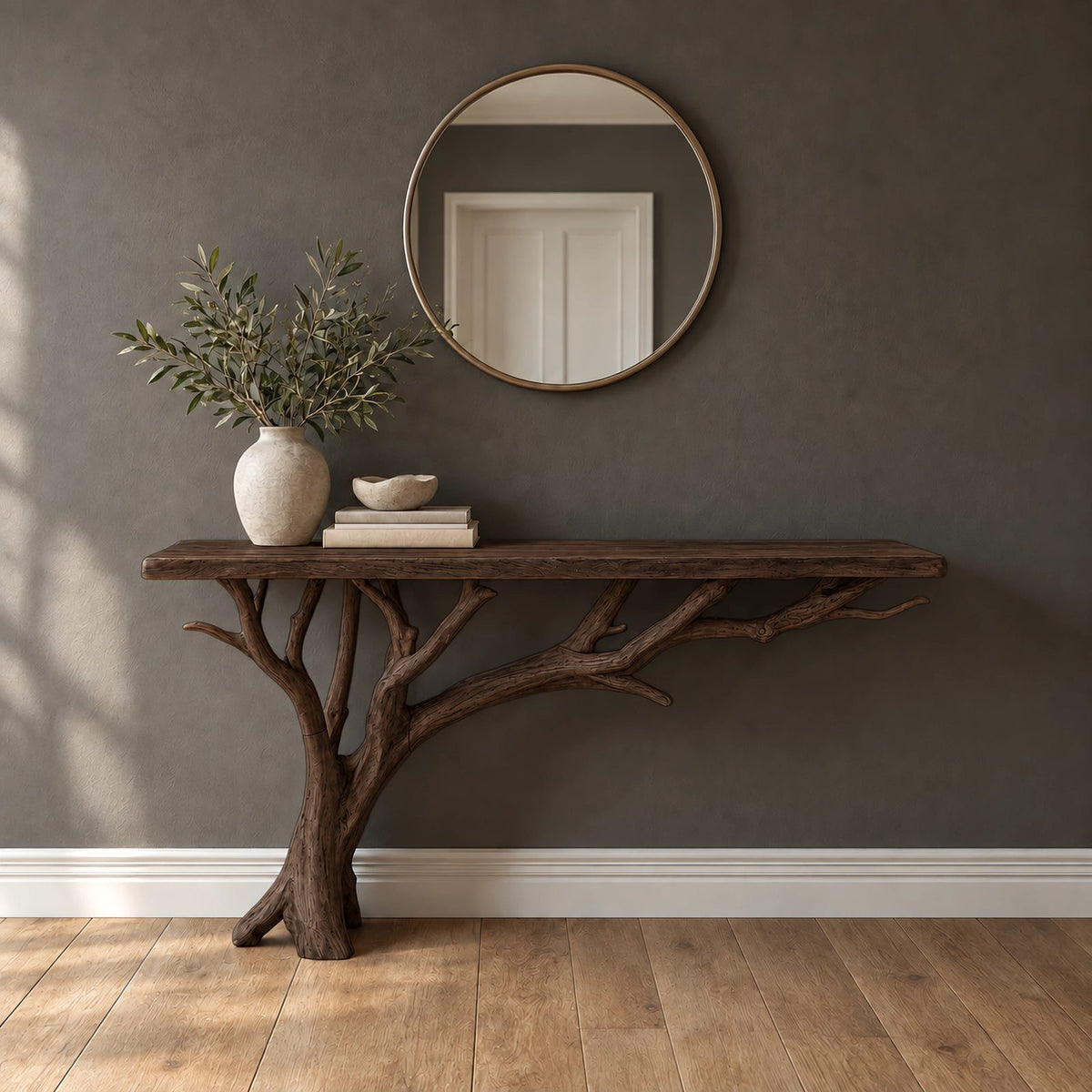 Coastal Driftwood Branch Console Table With Plank Top For Entryway