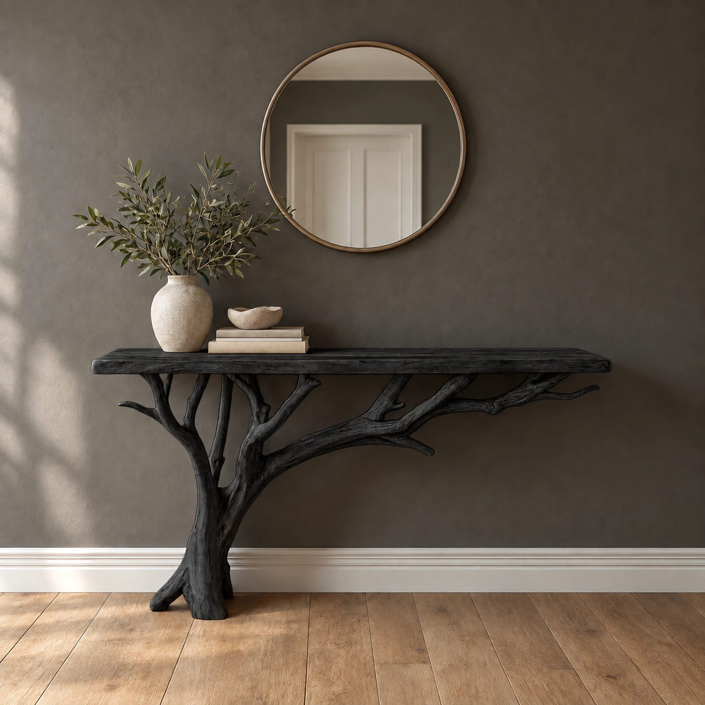 Coastal Driftwood Branch Console Table With Plank Top For Entryway