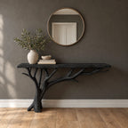 Coastal Driftwood Branch Console Table With Plank Top For Entryway