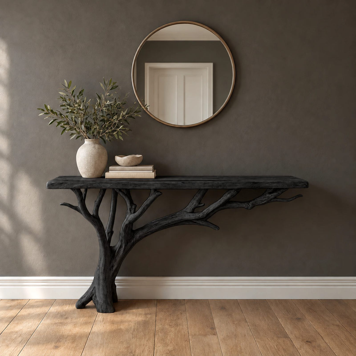 Coastal Driftwood Branch Console Table With Plank Top For Entryway