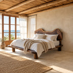 Coastal Live Edge Wooden Bed Frame With Wavy Headboard For Bedroom