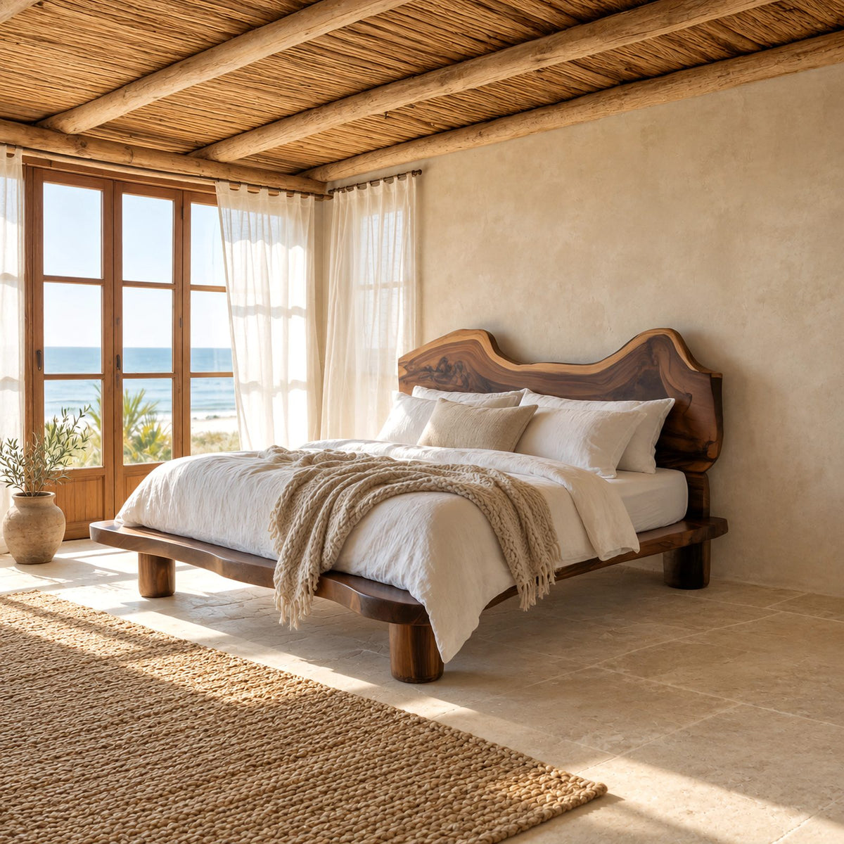 Coastal Live Edge Wooden Bed Frame With Wavy Headboard For Bedroom