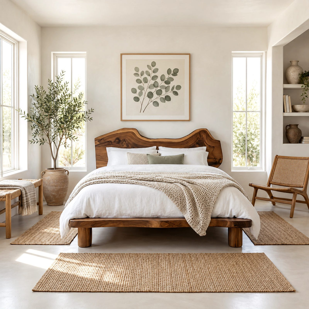 Coastal Live Edge Wooden Bed Frame With Wavy Headboard For Bedroom