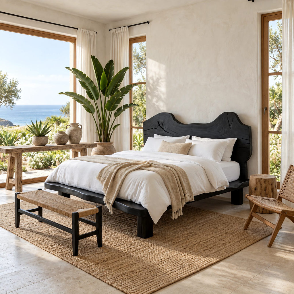 Coastal Live Edge Wooden Bed Frame With Wavy Headboard For Bedroom