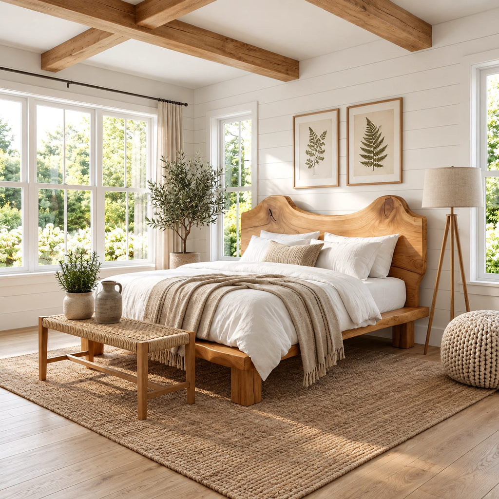 Coastal Live Edge Wooden Bed Frame With Wavy Headboard For Bedroom