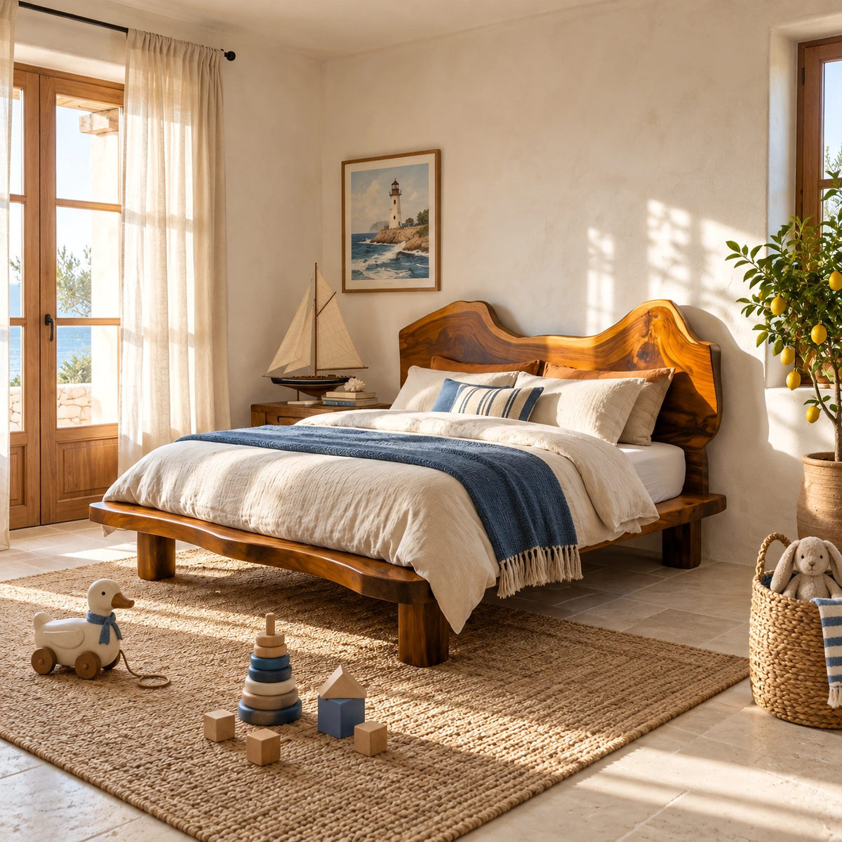 Coastal Live Edge Wooden Bed Frame With Wavy Headboard For Bedroom