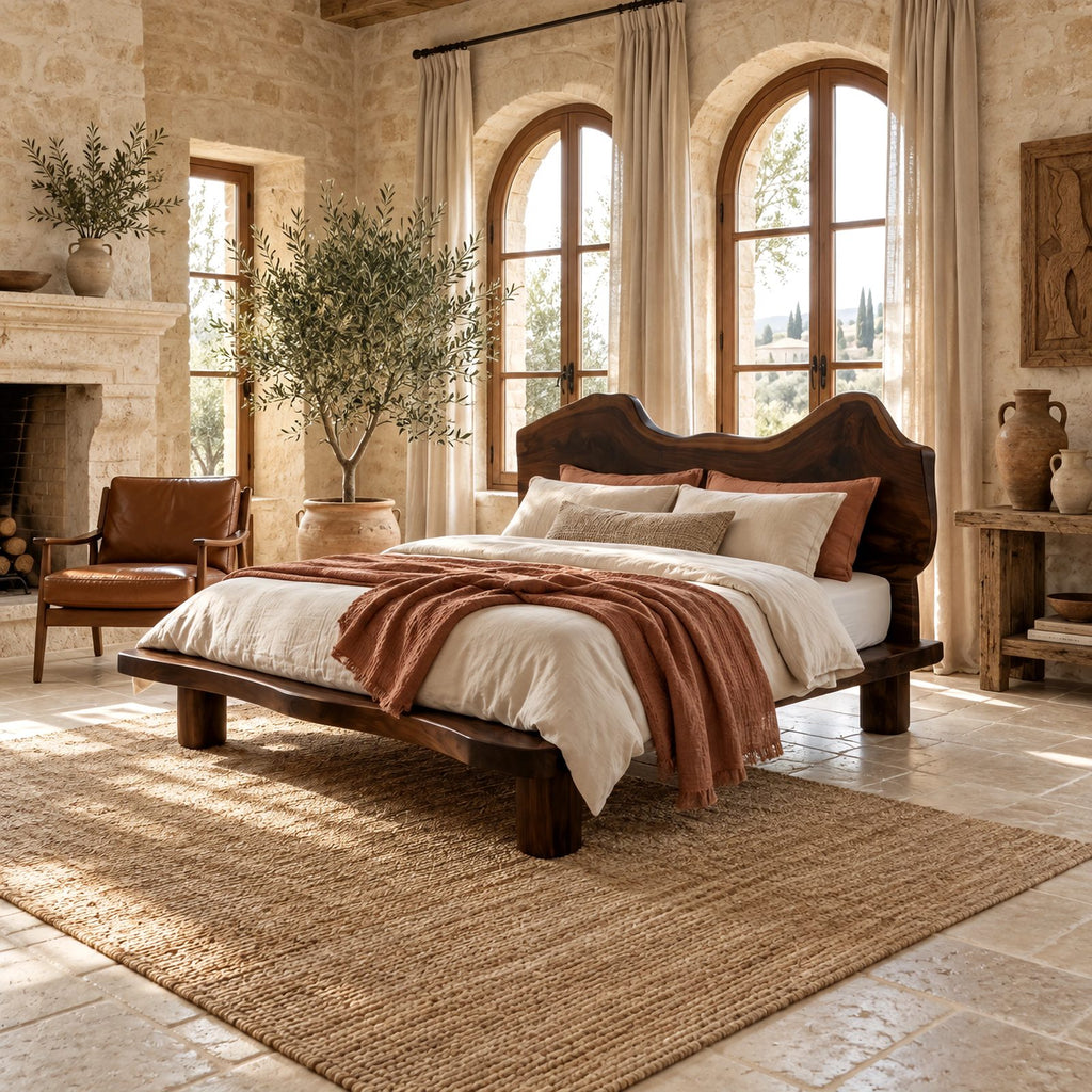 Coastal Live Edge Wooden Bed Frame With Wavy Headboard For Bedroom