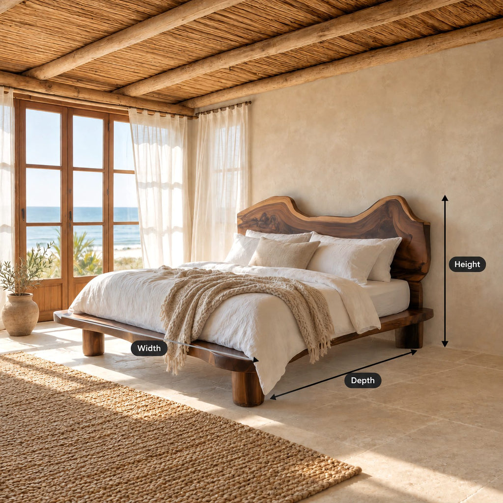 Coastal Live Edge Wooden Bed Frame With Wavy Headboard For Bedroom