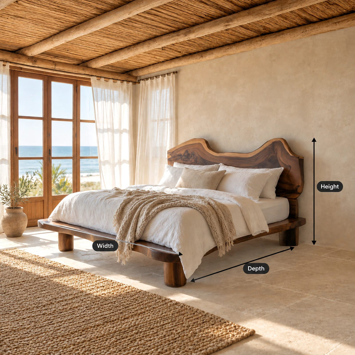 Coastal Live Edge Wooden Bed Frame With Wavy Headboard For Bedroom