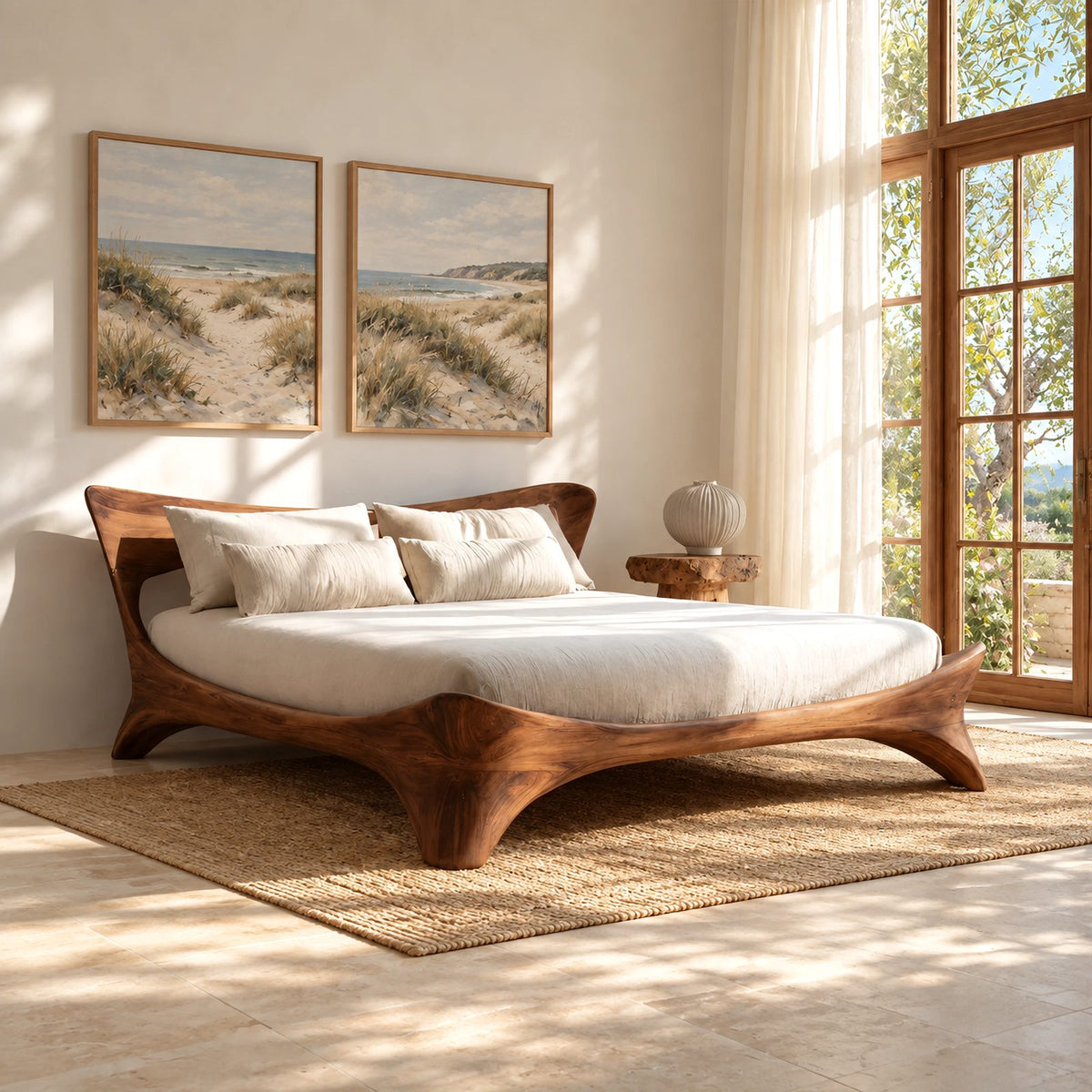 Sculptural Solid Wood Platform Bed With Flowing Curved Legs For Bedroom