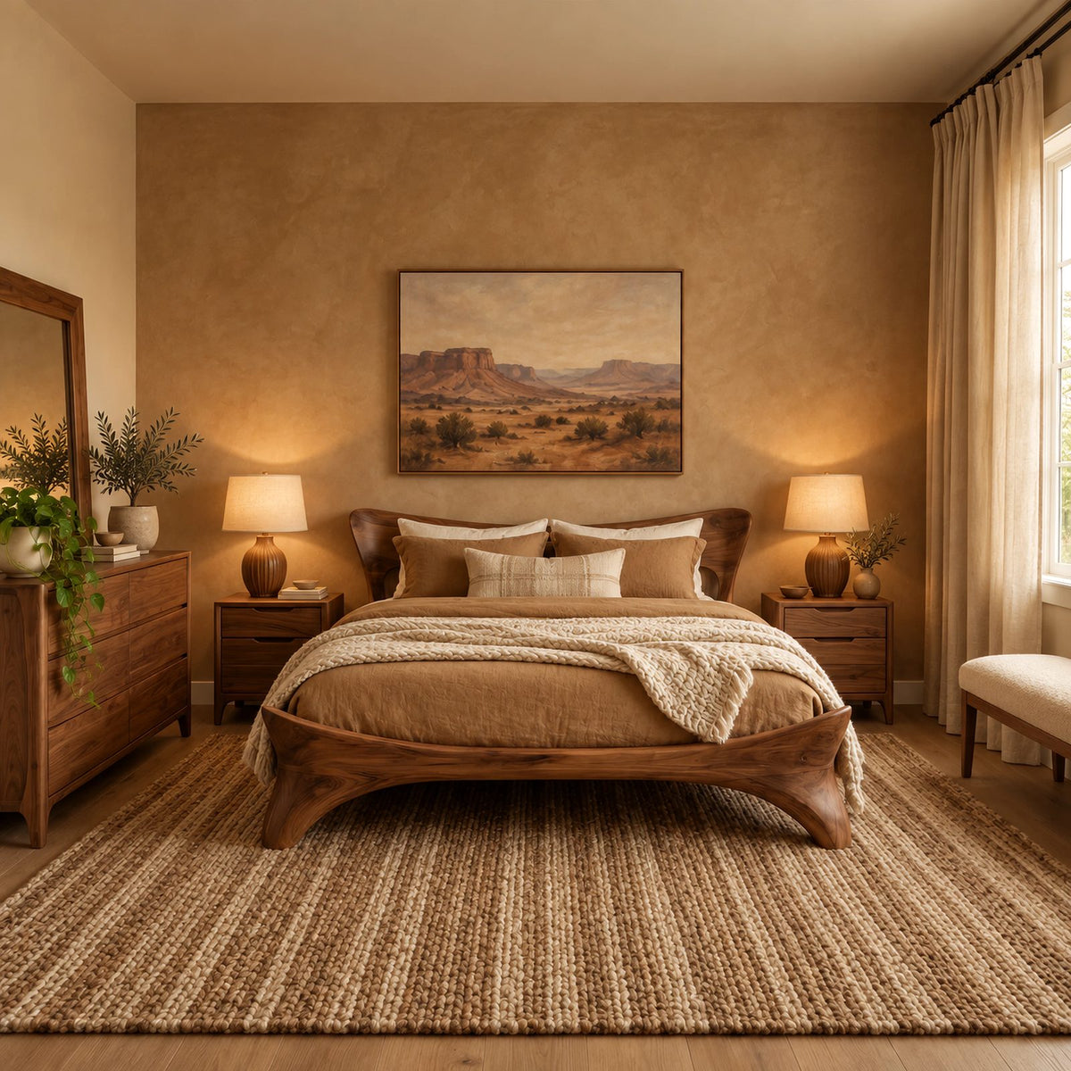 Sculptural Solid Wood Platform Bed With Flowing Curved Legs For Bedroom