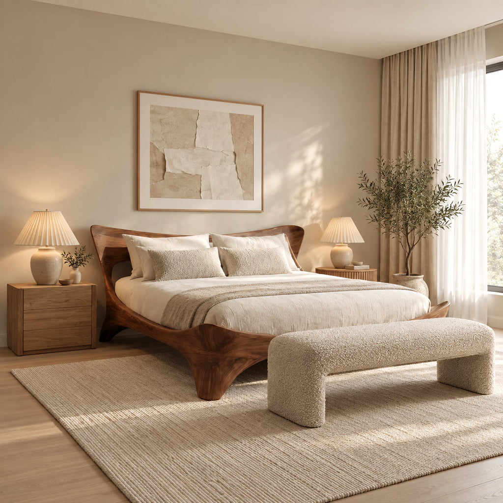 Sculptural Solid Wood Platform Bed With Flowing Curved Legs For Bedroom