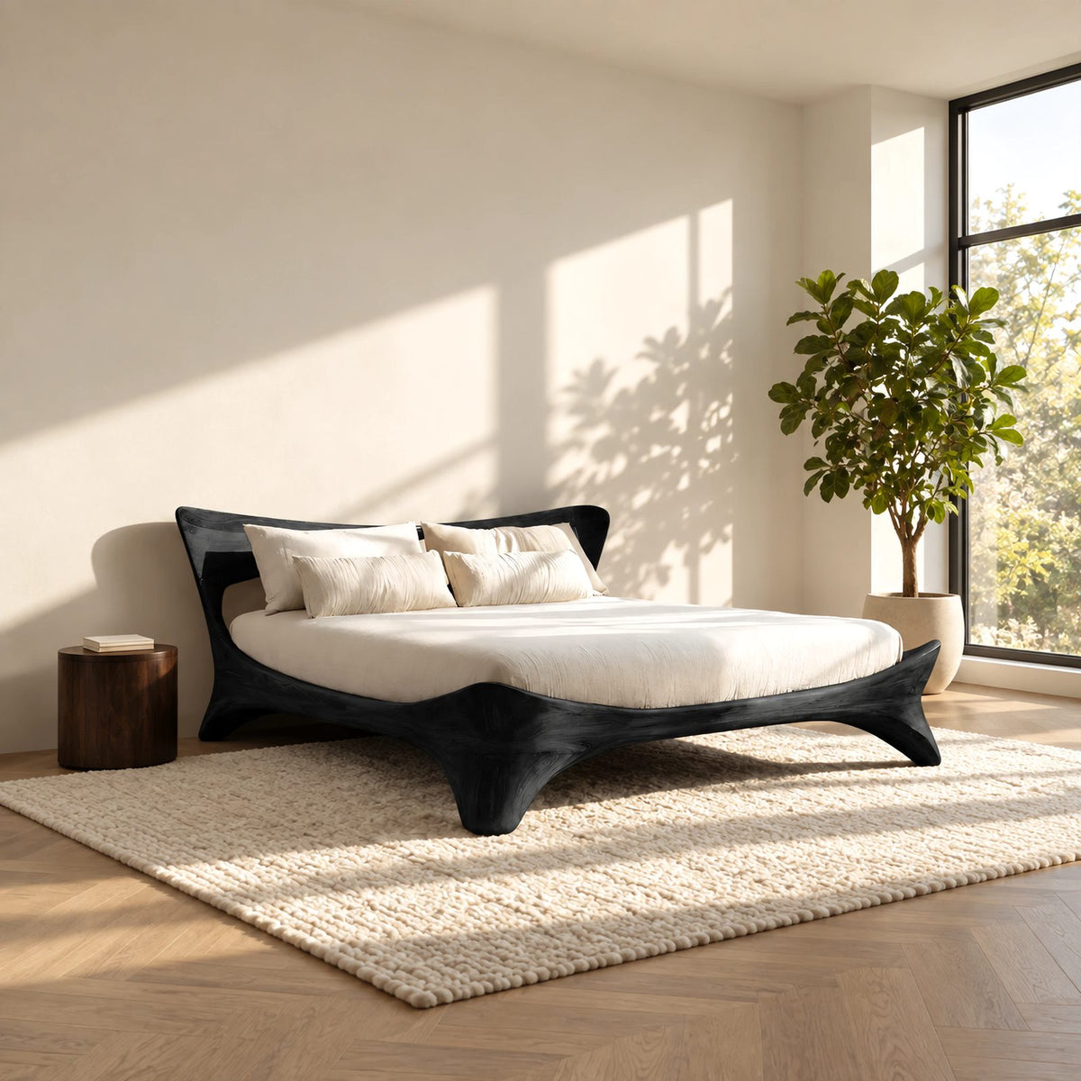 Sculptural Solid Wood Platform Bed With Flowing Curved Legs For Bedroom