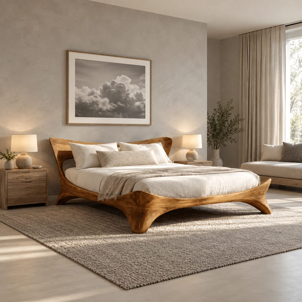 Sculptural Solid Wood Platform Bed With Flowing Curved Legs For Bedroom