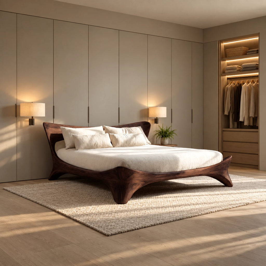 Sculptural Solid Wood Platform Bed With Flowing Curved Legs For Bedroom