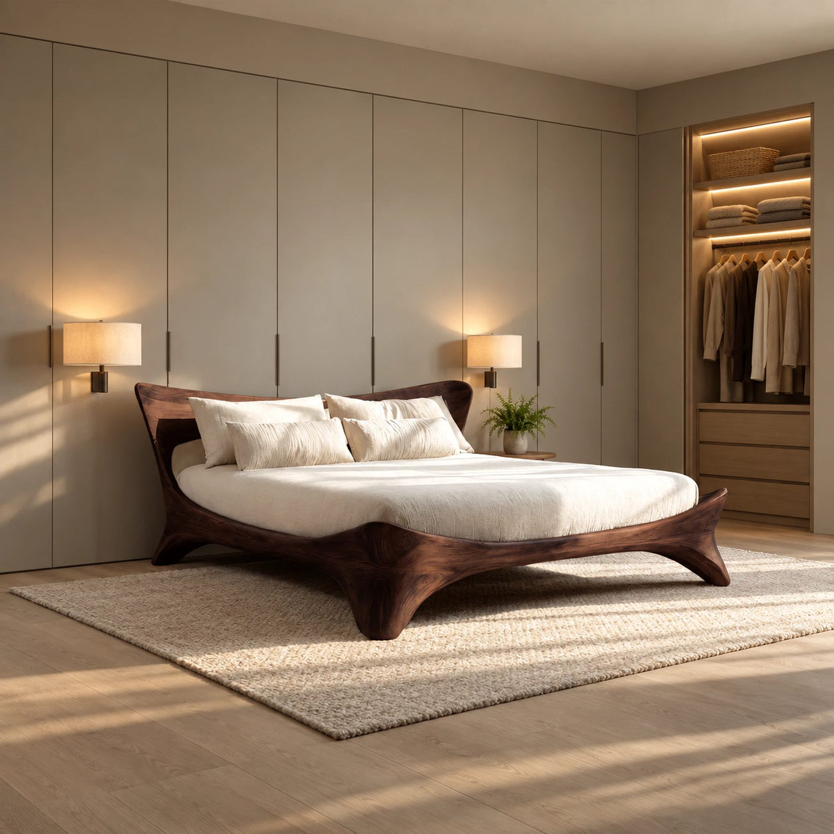 Sculptural Solid Wood Platform Bed With Flowing Curved Legs For Bedroom