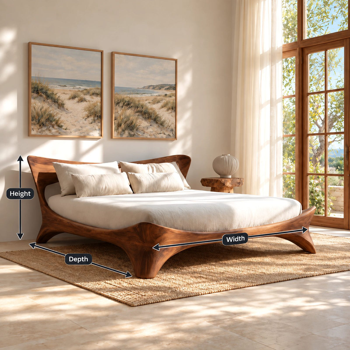 Sculptural Solid Wood Platform Bed With Flowing Curved Legs For Bedroom