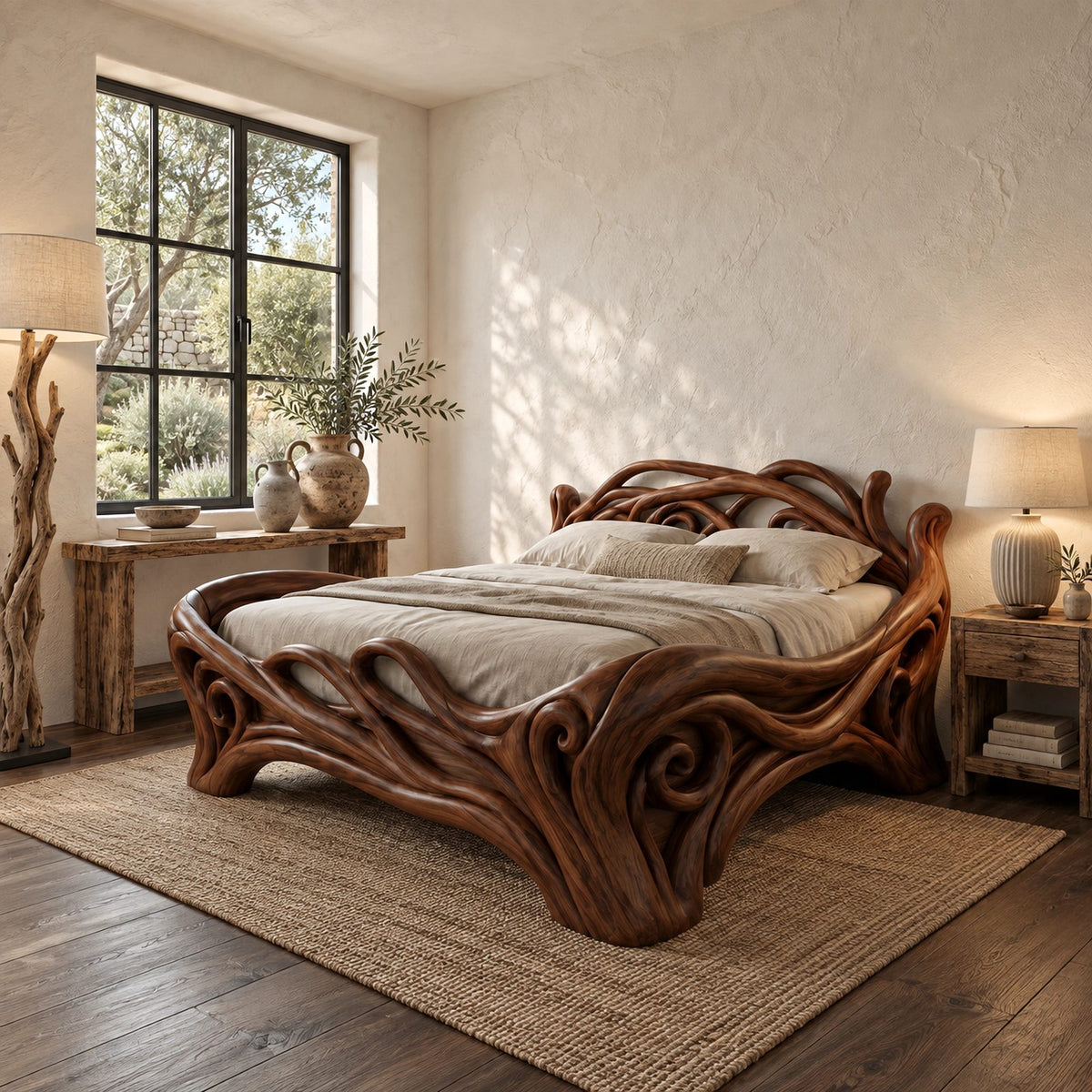 Art Nouveau Carved Wood Bed Frame With Swirling Scrollwork For Bedroom