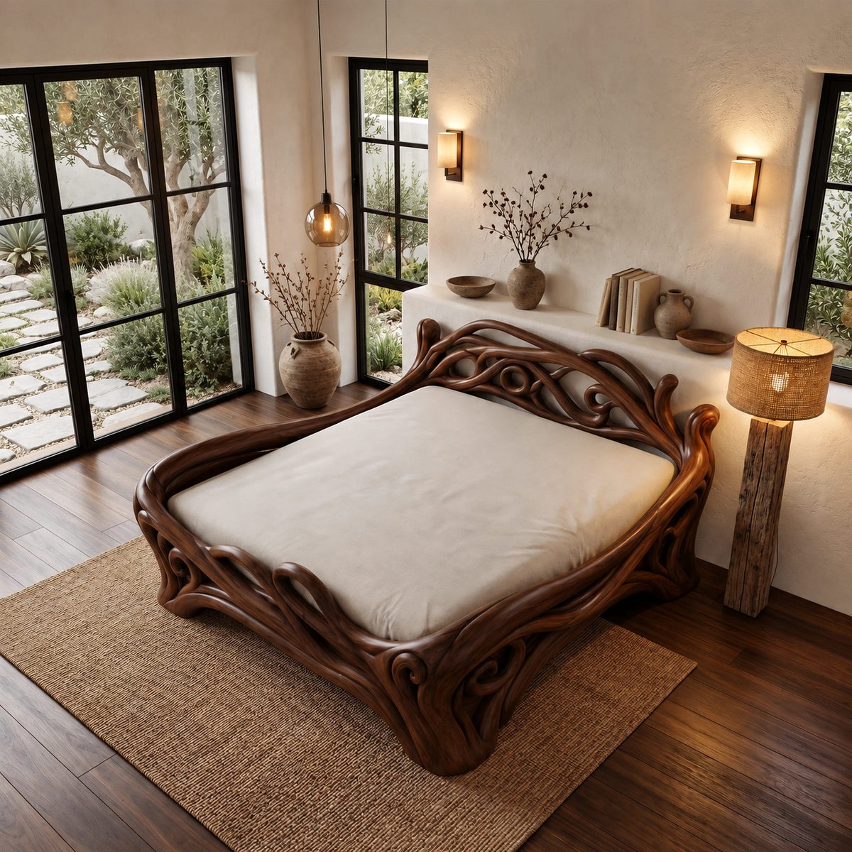 Art Nouveau Carved Wood Bed Frame With Swirling Scrollwork For Bedroom