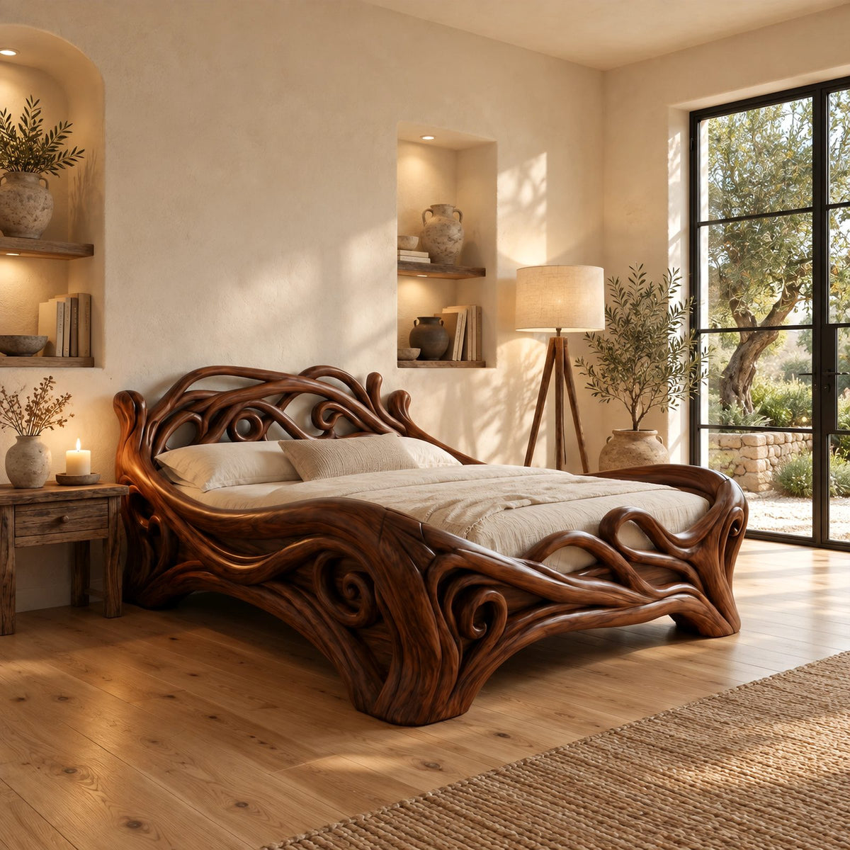 Art Nouveau Carved Wood Bed Frame With Swirling Scrollwork For Bedroom
