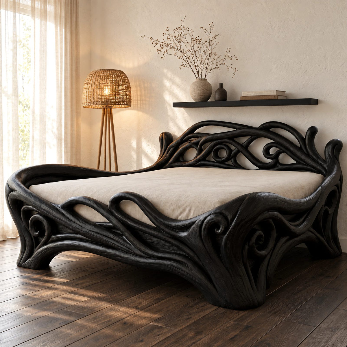 Art Nouveau Carved Wood Bed Frame With Swirling Scrollwork For Bedroom