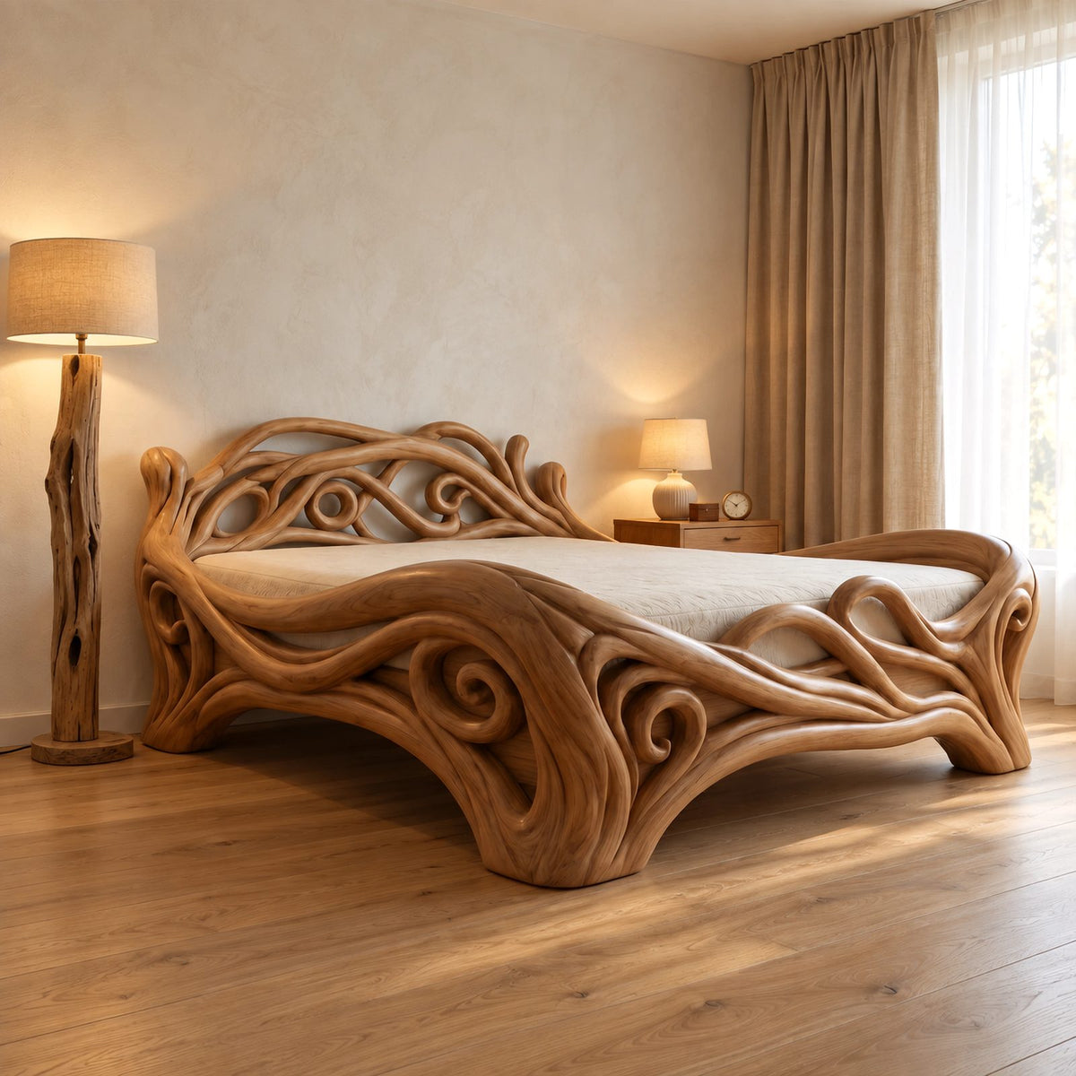 Art Nouveau Carved Wood Bed Frame With Swirling Scrollwork For Bedroom
