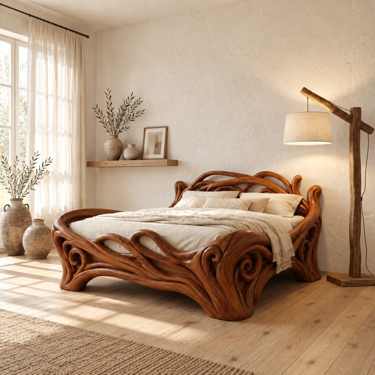 Art Nouveau Carved Wood Bed Frame With Swirling Scrollwork For Bedroom