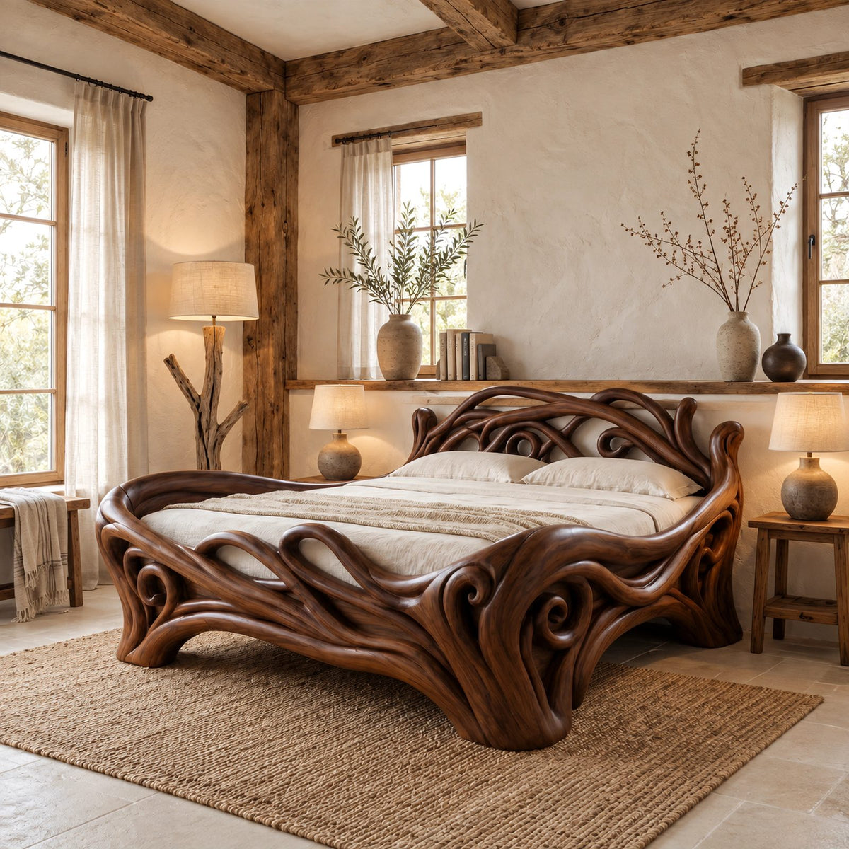 Art Nouveau Carved Wood Bed Frame With Swirling Scrollwork For Bedroom