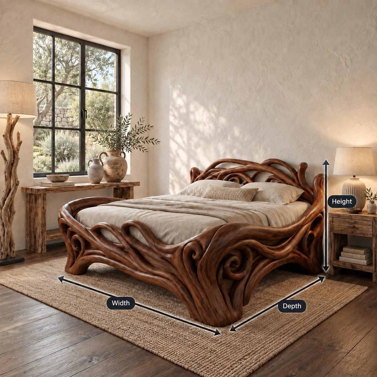 Art Nouveau Carved Wood Bed Frame With Swirling Scrollwork For Bedroom