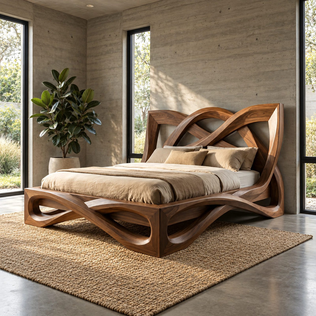 Contemporary Wooden Bed Frame With Interlaced Ribbon Loops For Bedroom