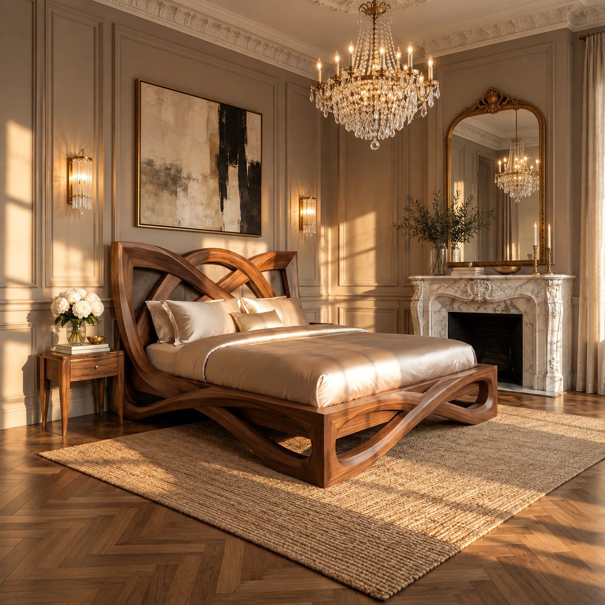 Contemporary Wooden Bed Frame With Interlaced Ribbon Loops For Bedroom