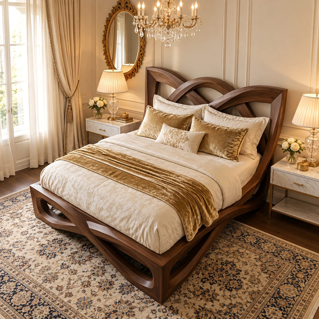 Contemporary Wooden Bed Frame With Interlaced Ribbon Loops For Bedroom